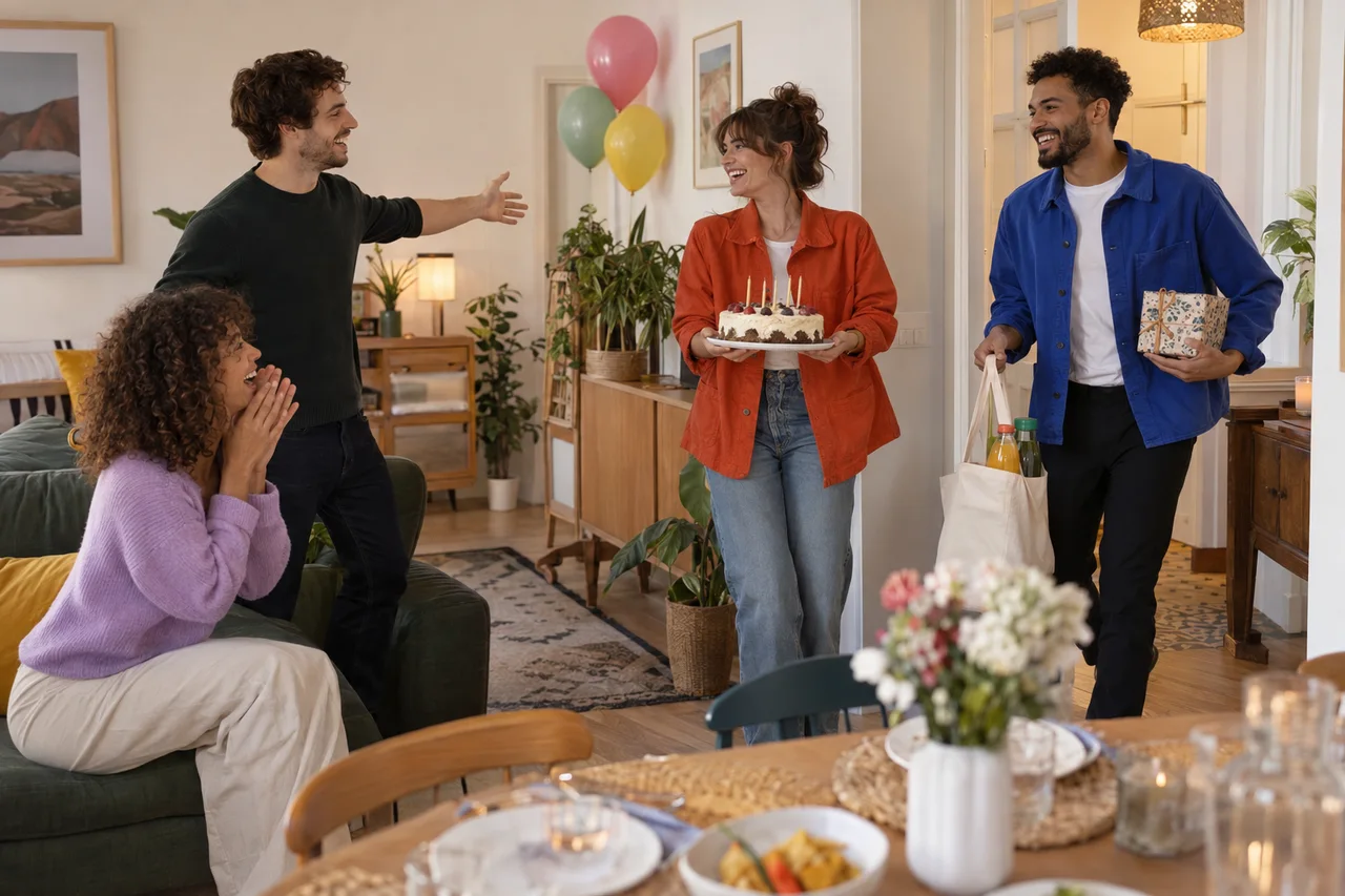Scène créée par IA : des amis arrivent à un anniversaire avec un gâteau, des boissons et un cadeau.