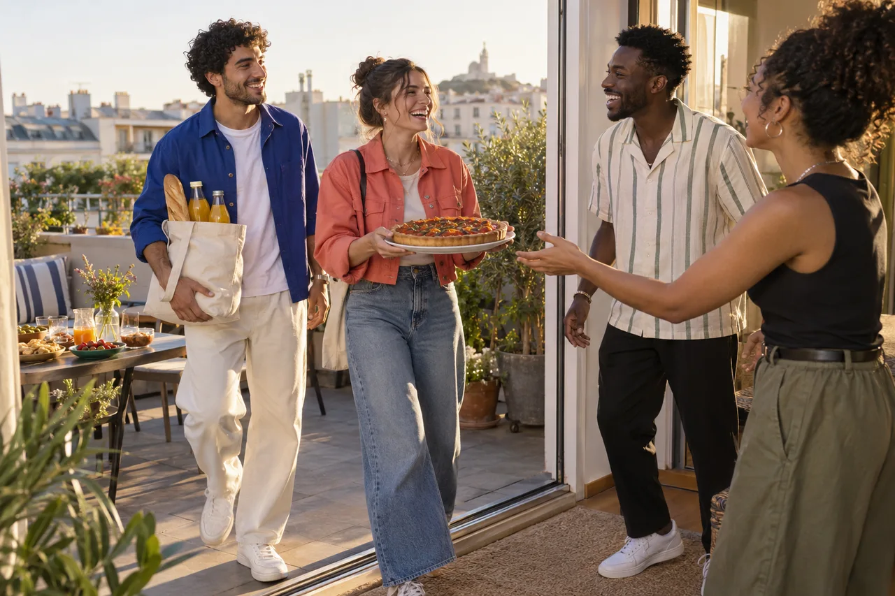 Scène créée par IA : de jeunes adultes en tenues urbaines arrivent à un apéro avec une tarte, du pain et des jus.