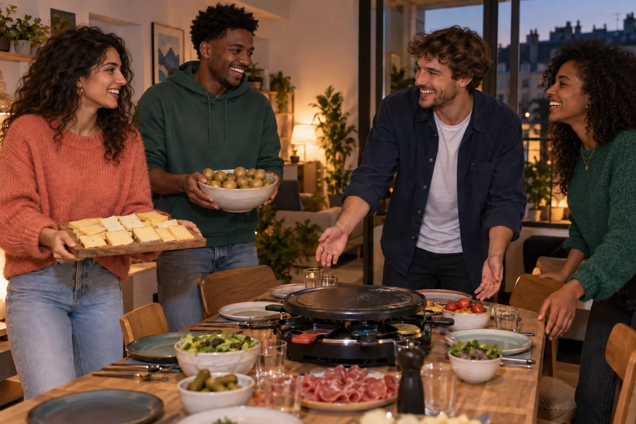 Scène créée par IA : des jeunes adultes apportent du fromage et des pommes de terre pour une raclette.
